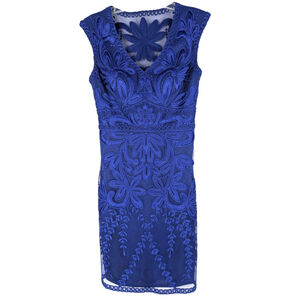 SUE WONG Embroidered Floral Lined Dress Sz 4 Blue Cocktail Retro 20's Flapper